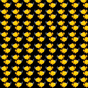 Yellow cartoon fish on black.
