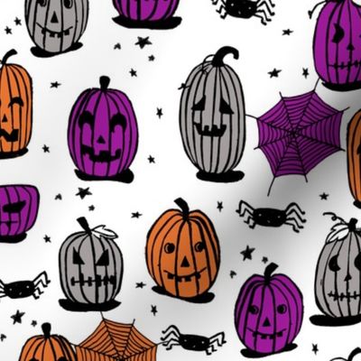 pumpkins // halloween pumpkin grey orange purple kids spooky scary block print spiders october hallow's eve