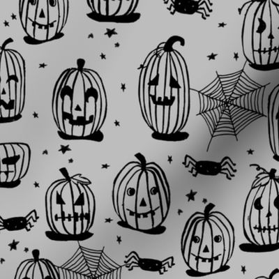 pumpkin // halloween pumpkin kids grey october block print linocut spiders