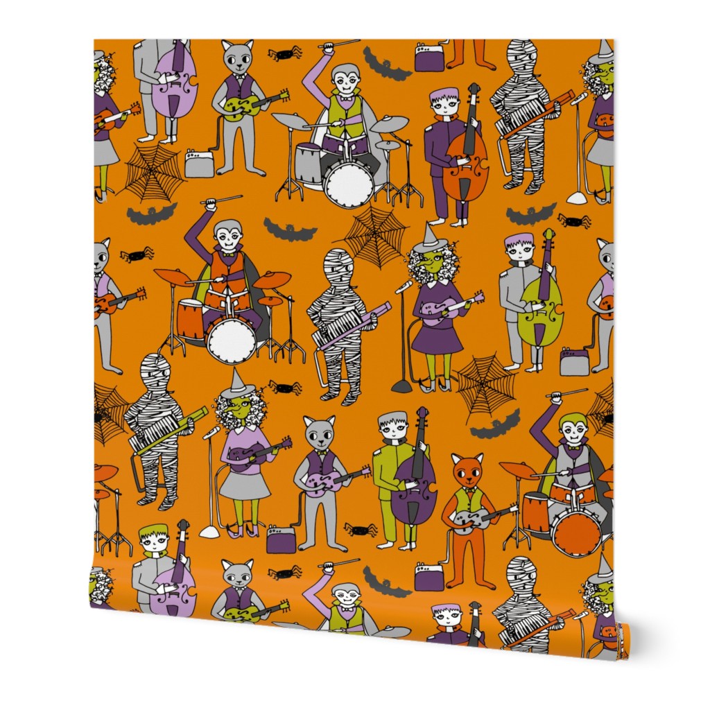 tombstones // orange halloween rock band kids witch frankenstein bass drummer music characters illustration