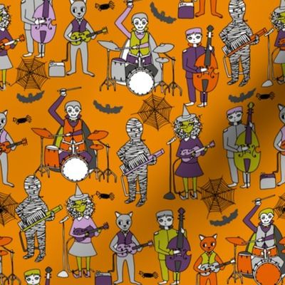 tombstones // orange halloween rock band kids witch frankenstein bass drummer music characters illustration