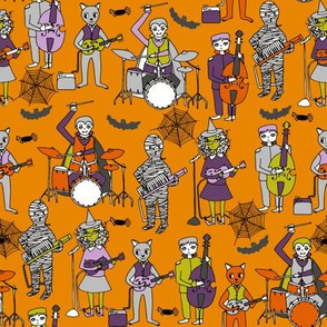 tombstones // orange halloween rock band kids witch frankenstein bass drummer music characters illustration