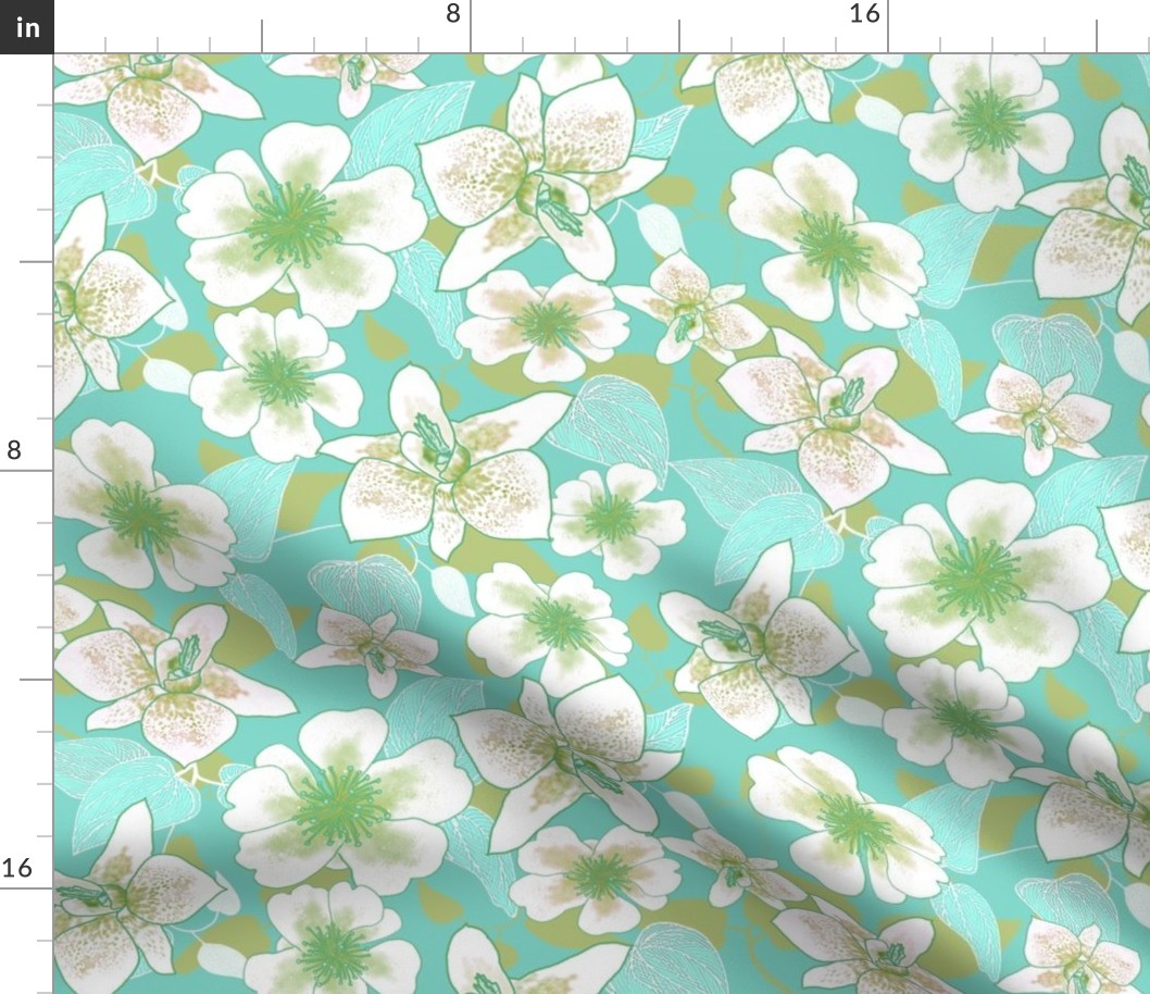 Spotted Orchids Green on Turquoise 300
