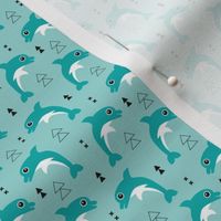 Cute geometric dolphins cute kids fish illustration summer print blue aqua XS