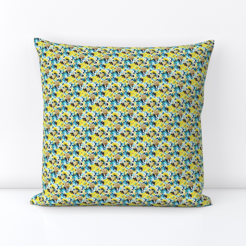 Cheerful Yellow and Turquoise Floral Collage - tiny