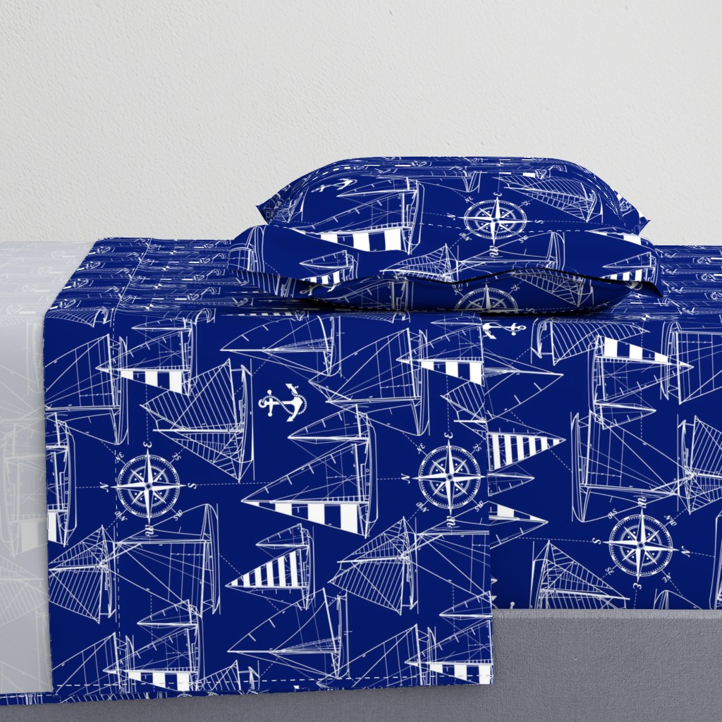 Large Scale / Sailboats /  White On Dark Blue Background