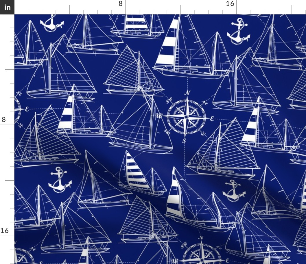 Large Scale / Sailboats /  White On Dark Blue Background