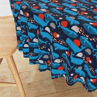 whales block print fabric // fish water whales sea block print