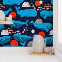 whales block print fabric // fish water whales sea block print