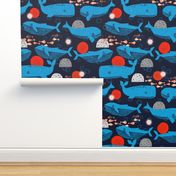 whales block print fabric // fish water whales sea block print