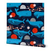 whales block print fabric // fish water whales sea block print