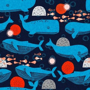 whales block print fabric // fish water whales sea block print