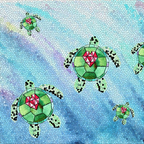 Watercolor Ocean Abstract Stained Glass Turtles