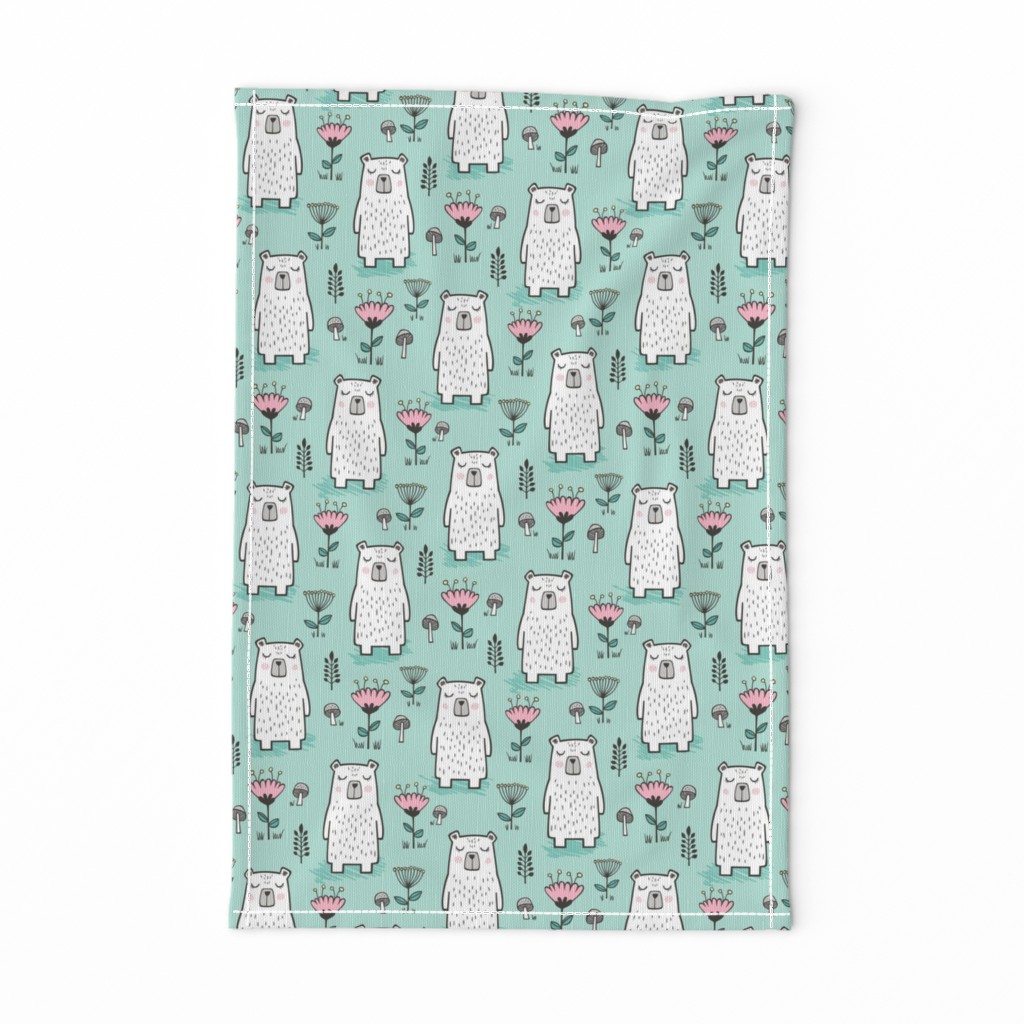 Bear with Flowers Woodland on Mint Green