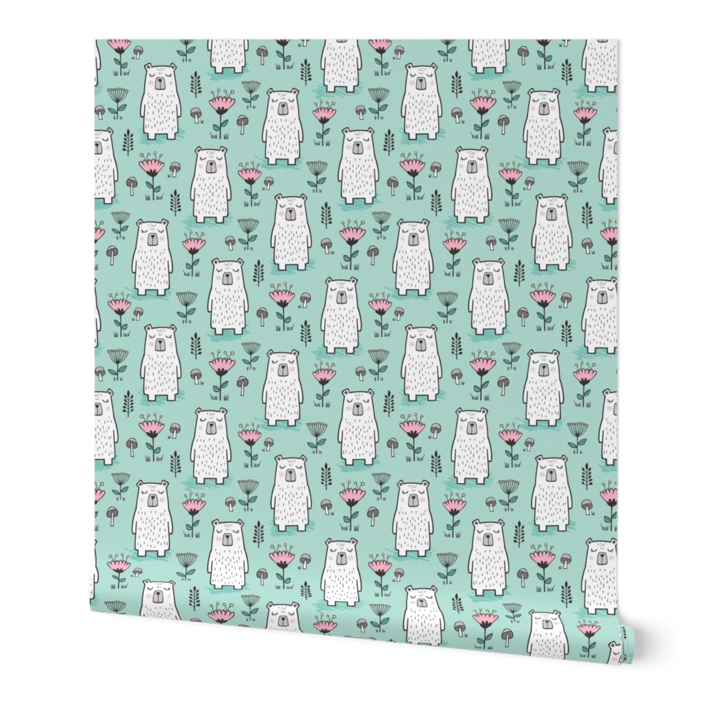 Bear with Flowers Woodland on Mint Green