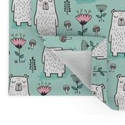 Bear with Flowers Woodland on Mint Green