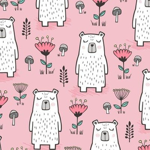 Bear with Flowers Woodland on Pink