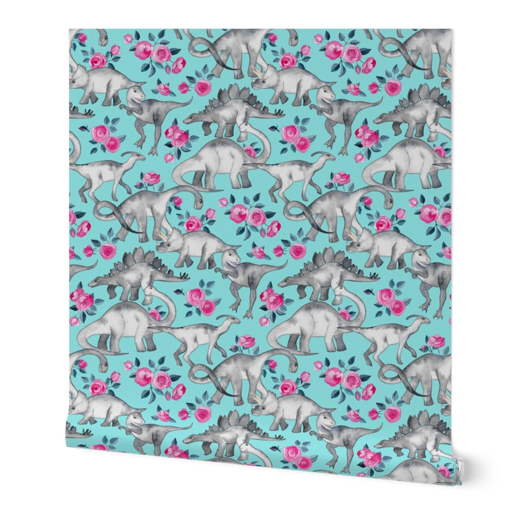 Dinosaurs and Roses on Turquoise large print