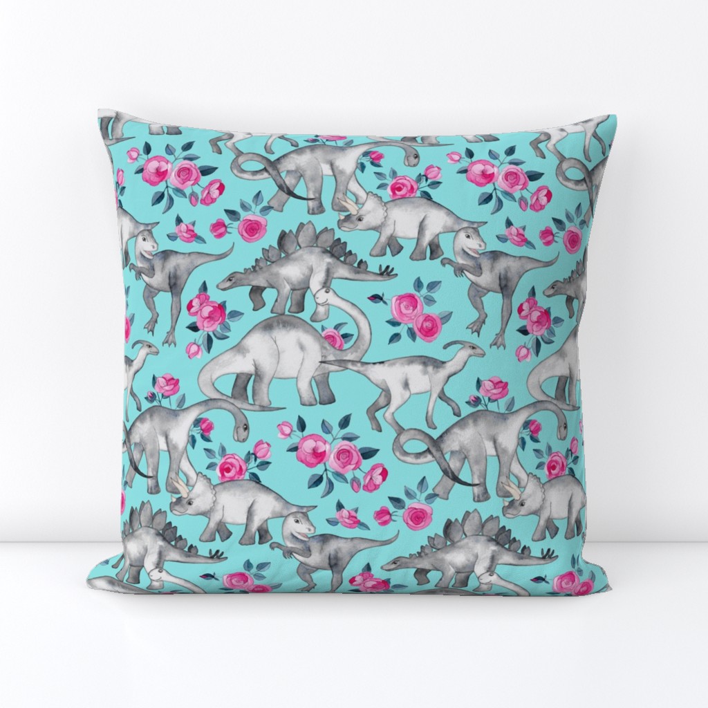 Dinosaurs and Roses on Turquoise large print