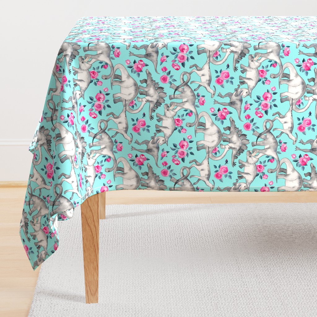 Dinosaurs and Roses on Turquoise large print