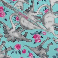 Dinosaurs and Roses on Turquoise large print