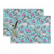 Dinosaurs and Roses on Turquoise large print