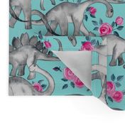 Dinosaurs and Roses on Turquoise large print