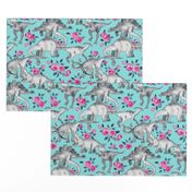 Dinosaurs and Roses on Turquoise large print