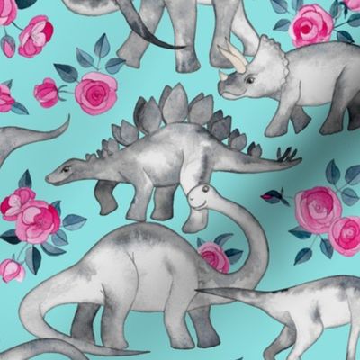 Dinosaurs and Roses on Turquoise large print