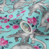 Dinosaurs and Roses on Turquoise large print