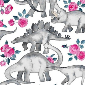 Dinosaurs and Roses on White large print