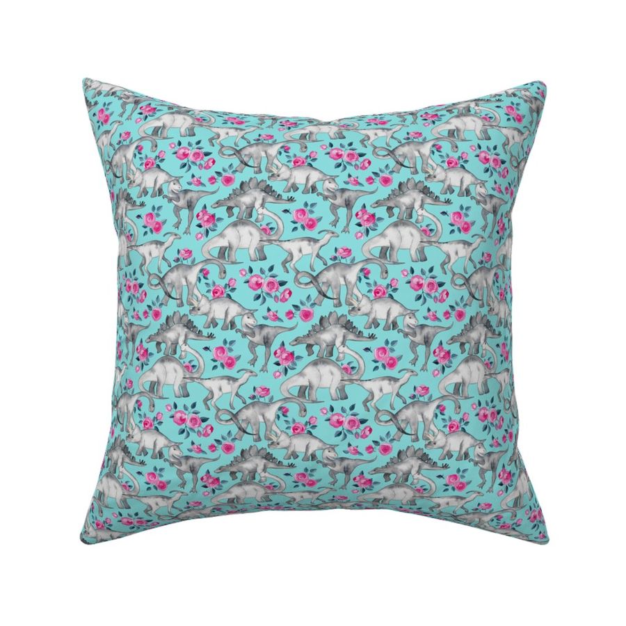 Tiny Dinosaurs and Roses on Turquoise Fabric | Spoonflower