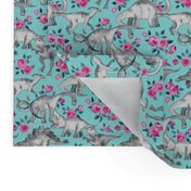 Tiny Dinosaurs and Roses on Turquoise small print