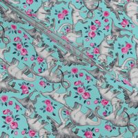 Tiny Dinosaurs and Roses on Turquoise small print