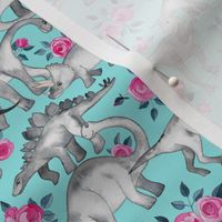 Tiny Dinosaurs and Roses on Turquoise small print