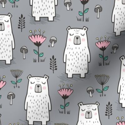 Bear with Flowers Woodland on Grey
