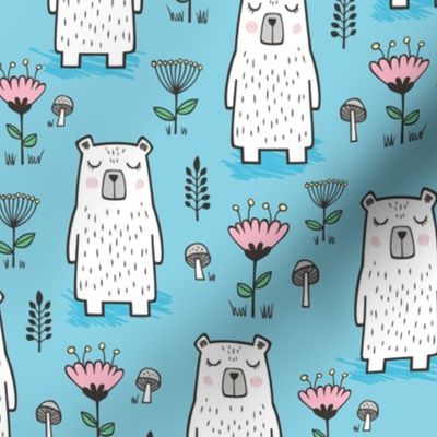 Bear with Flowers Woodland on Blue