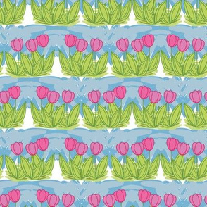 Rows of pink tulips and green leaves set against a clear blue sky, capturing the playful spirit of spring.
