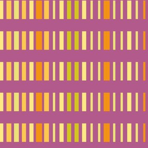 Warm vertical stripes in mustard, gold, and orange dance on a mauve background, rhythmic and cozy.