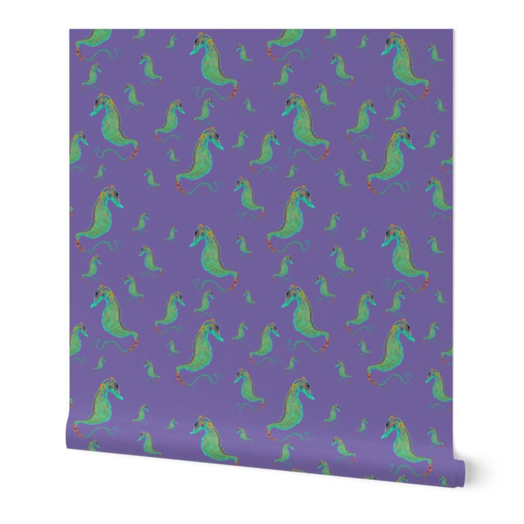 Green  Seahorse on Rustic Lavender - Hand Painted with Digital Tools