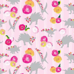 15-06J Blush Pink Girl Dinosaur Watercolor Floral white stripe gray grey _Miss Chiff Designs