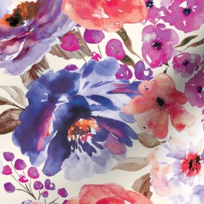 Large Scale - Fall Floral Painted Watercolor Flowers in Blue Purple