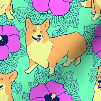 Hawaiian Corgi dogs and hibiscus flowers