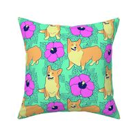 Hawaiian Corgi dogs and hibiscus flowers