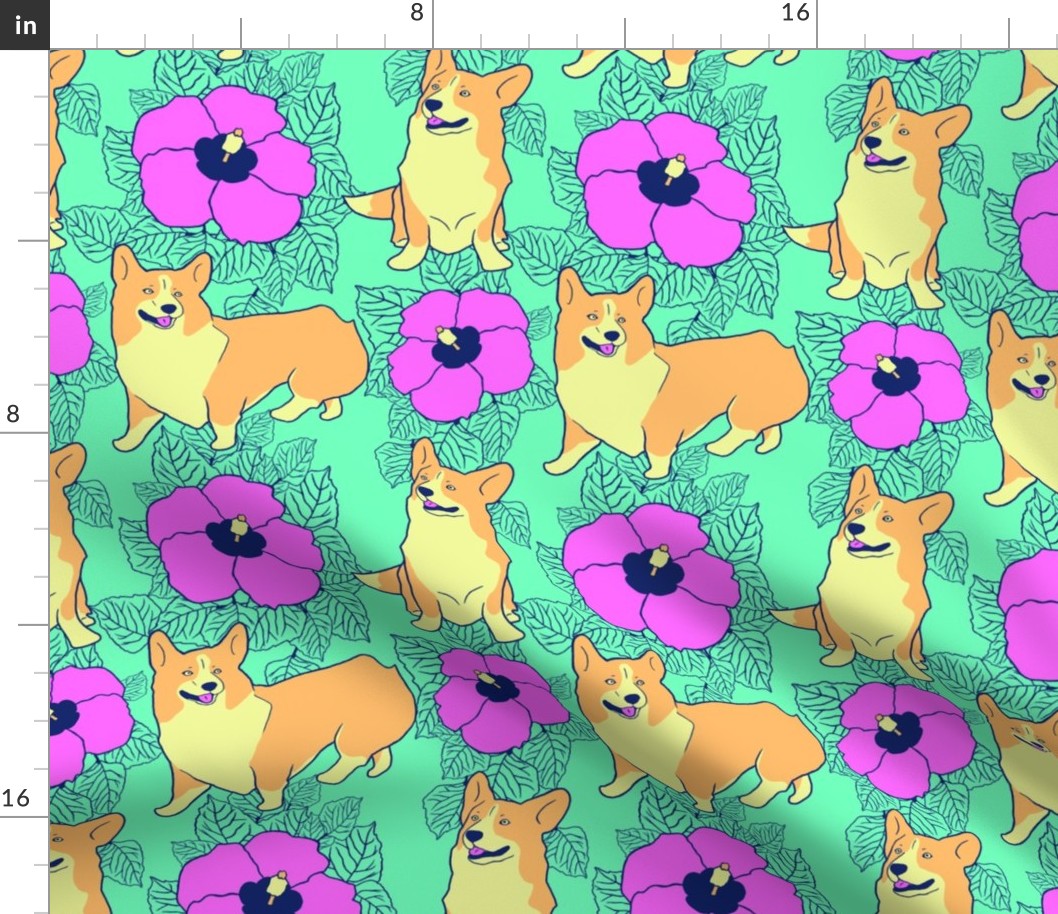 Hawaiian Corgi dogs and hibiscus flowers