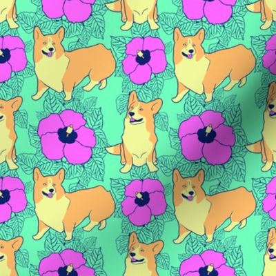 Hawaiian Corgi dogs and hibiscus flowers - small