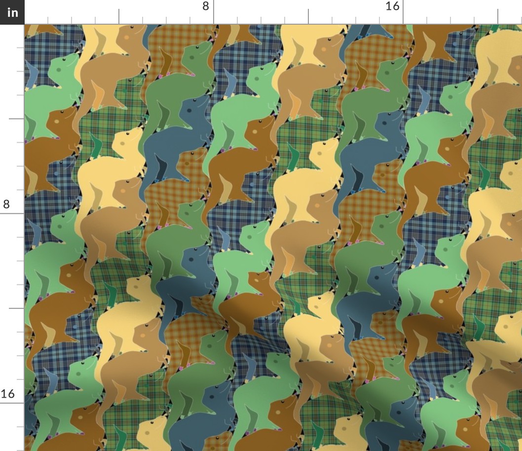 Tesselated Plaid Tyrannosaurus in Brown and Blue and Green