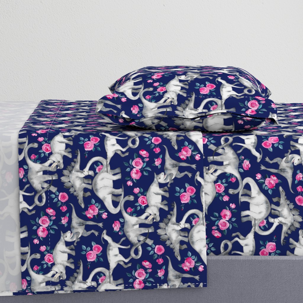 Dinosaurs and Roses on Dark Blue Purple