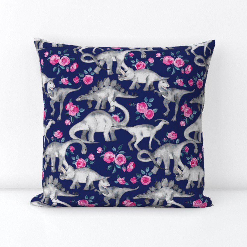 Dinosaurs and Roses on Dark Blue Purple