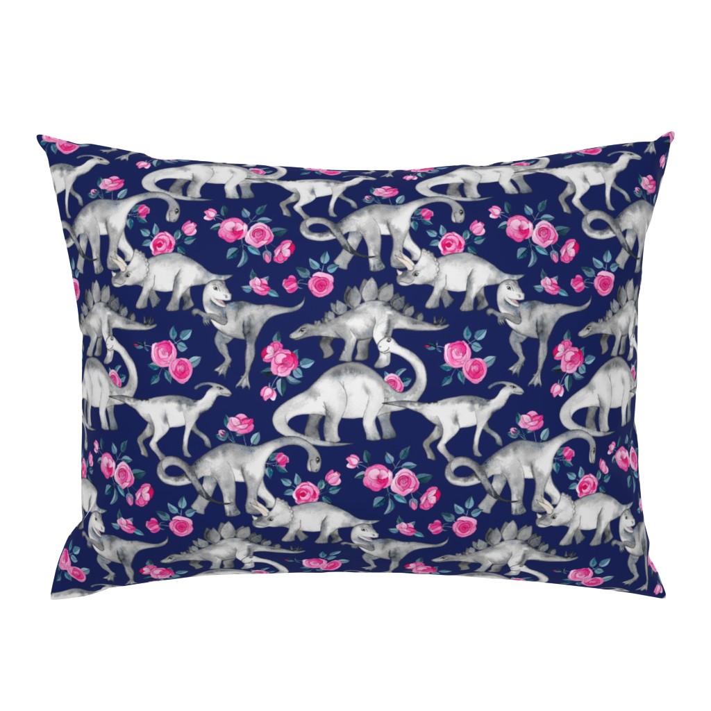 Dinosaurs and Roses on Dark Blue Purple